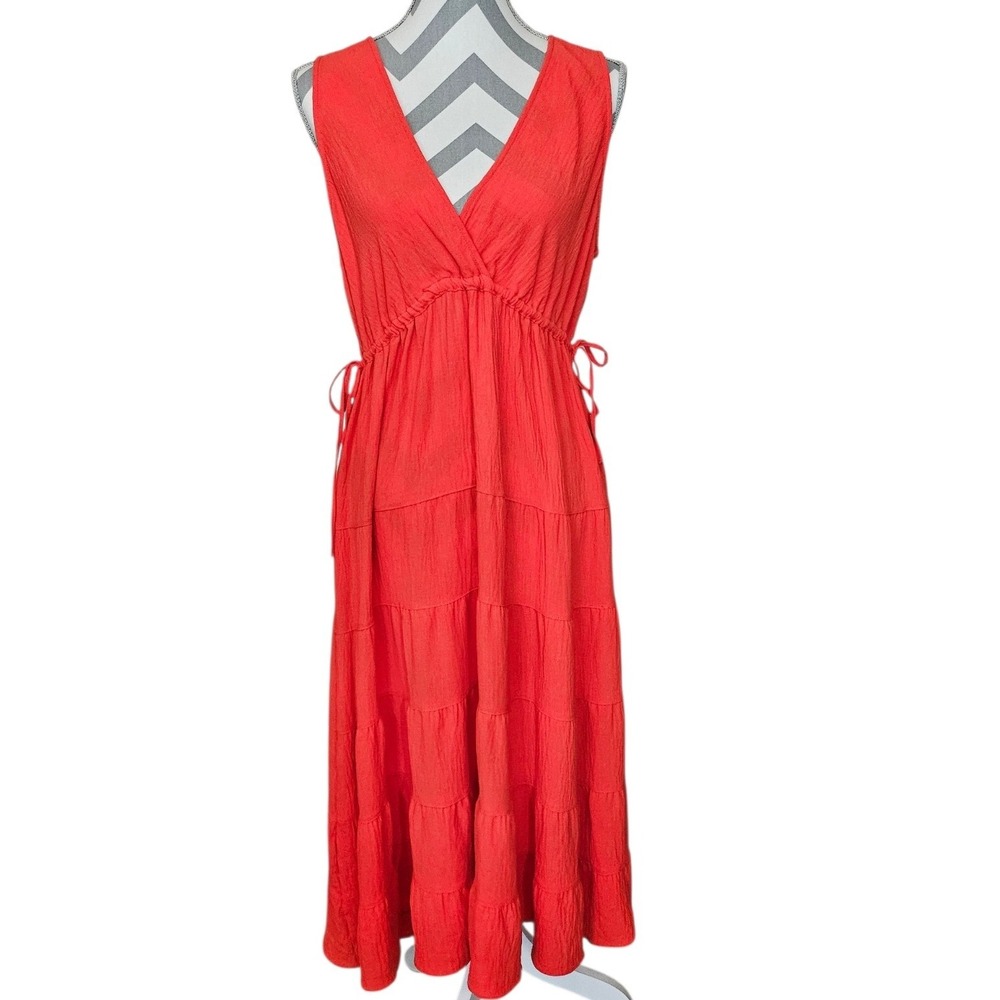 Max‎ Studio Coral Textured Tiered Sleeveless V-Neck Maxi Dress Lg Boho Summer
